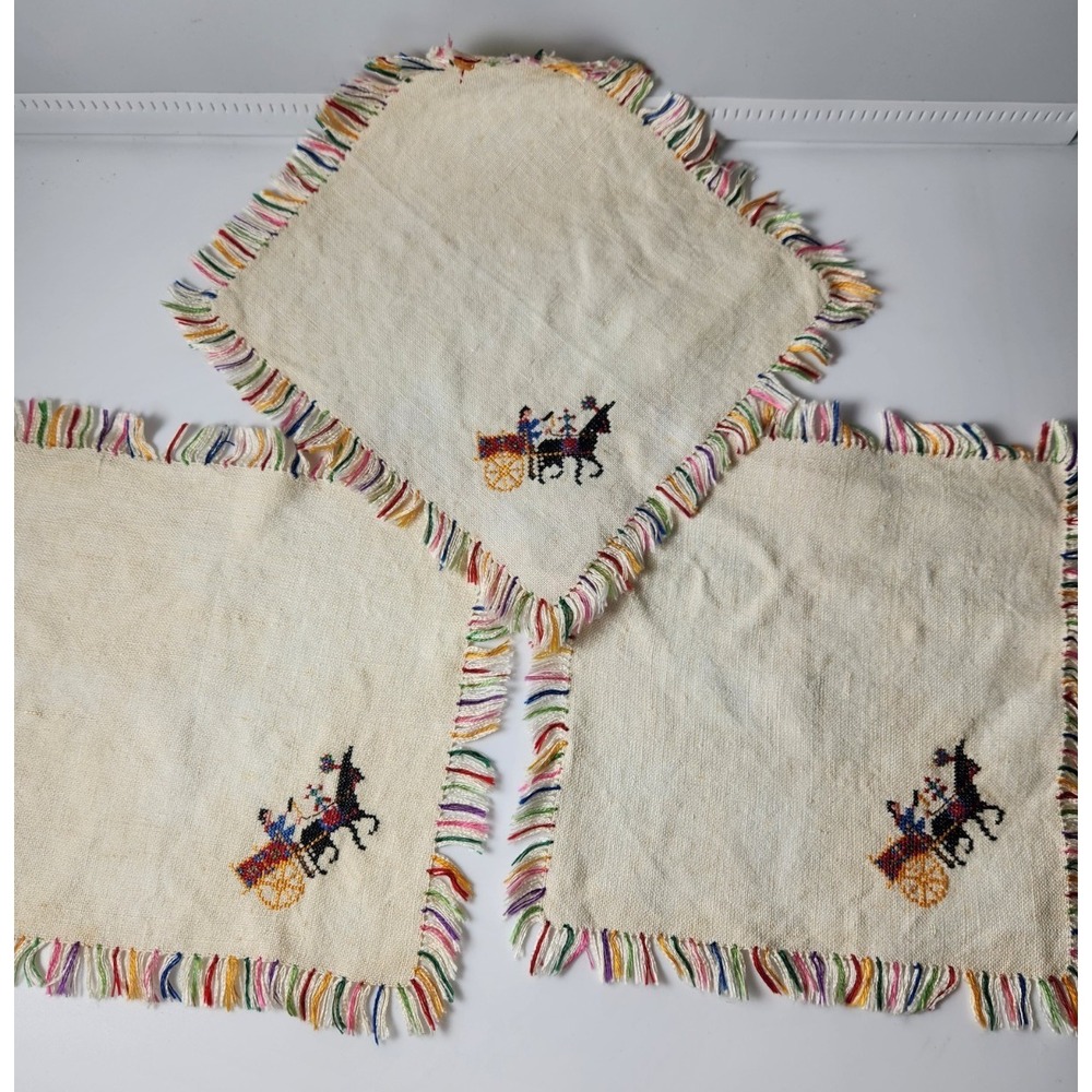 Dutch Crossā Stitch Cocktail Napkins Linen Set - 3 Embroidery Horse Vintage